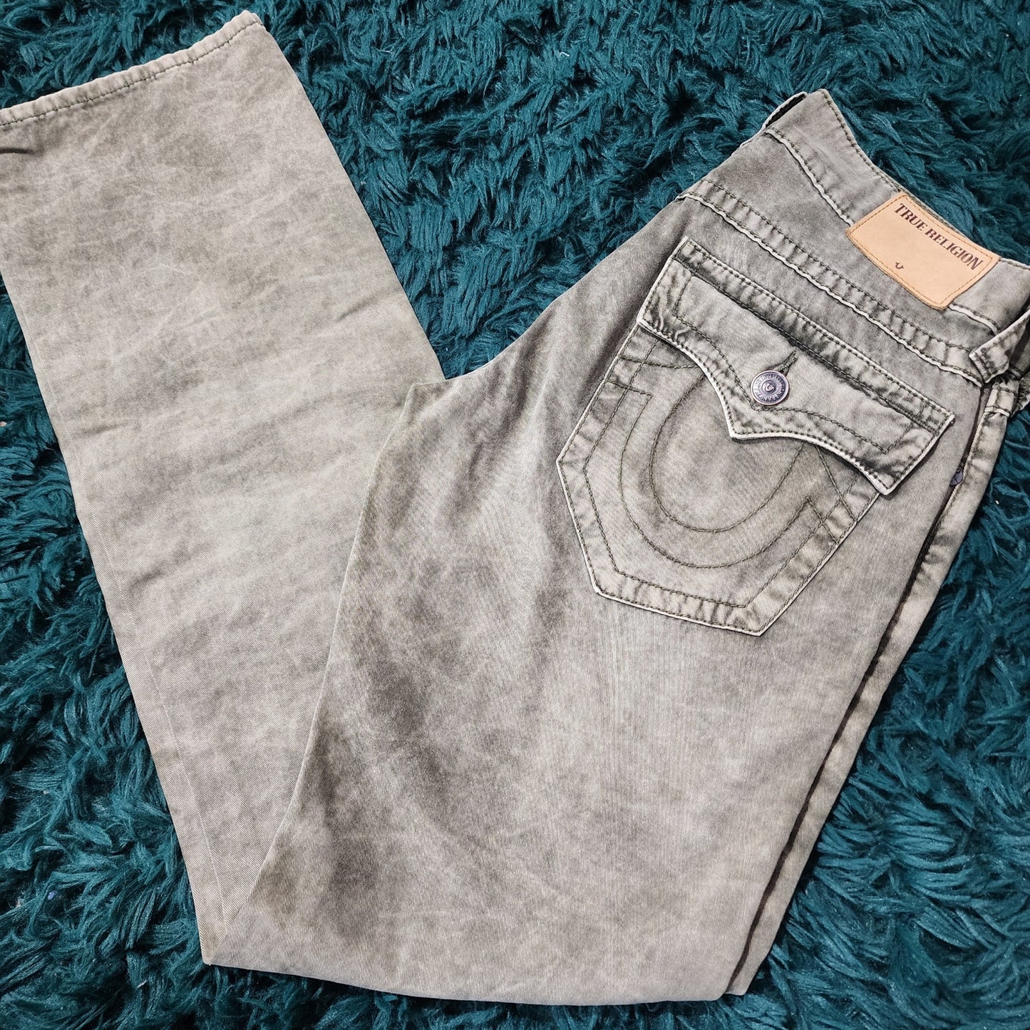 True Religion Women's Jeans Size 29 – Distressed Green Wash, Flap Back Pockets