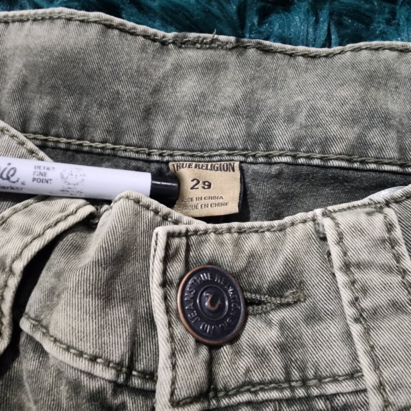 True Religion Women's Jeans Size 29 – Distressed Green Wash, Flap Back Pockets