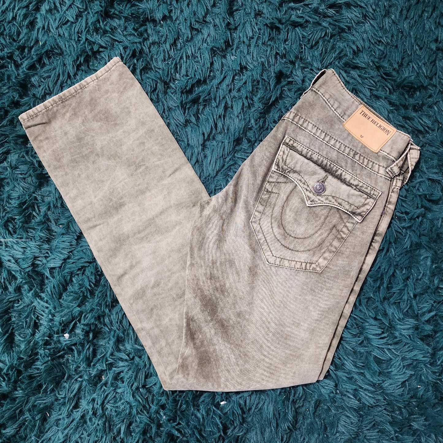 True Religion Women's Jeans Size 29 – Distressed Green Wash, Flap Back Pockets