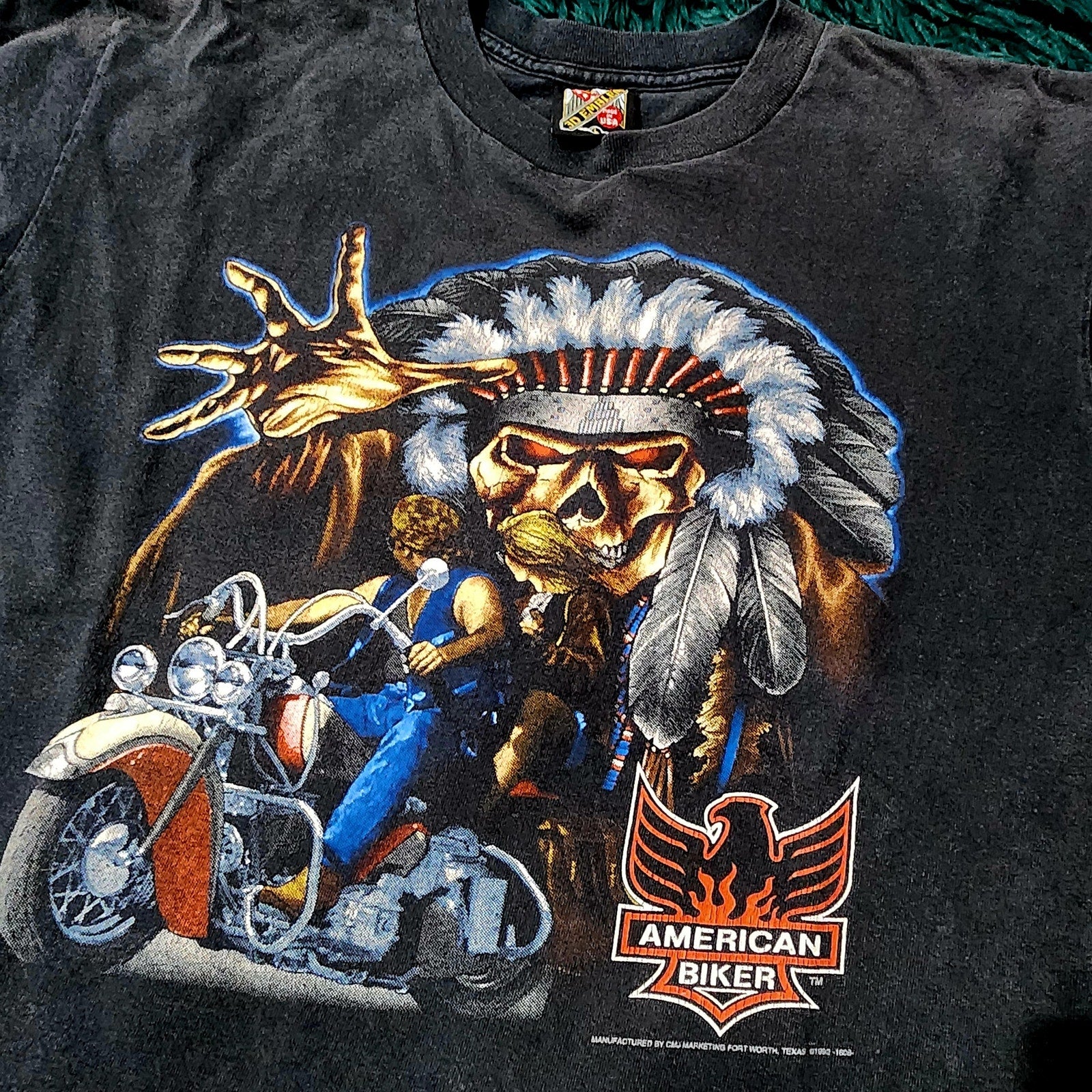 Vintage 1992 3D Emblem Tshirt – Skull Chief & Motorcycle