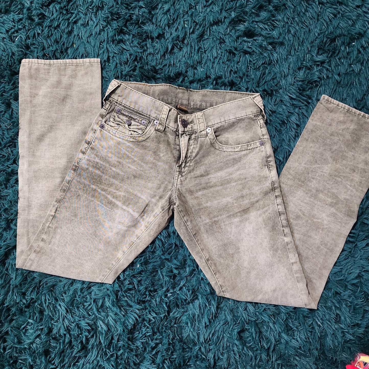 True Religion Women's Jeans Size 29 – Distressed Green Wash, Flap Back Pockets